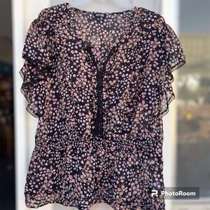 Apt9 Black Floral Sheer Ruffle Sleeves Blouse